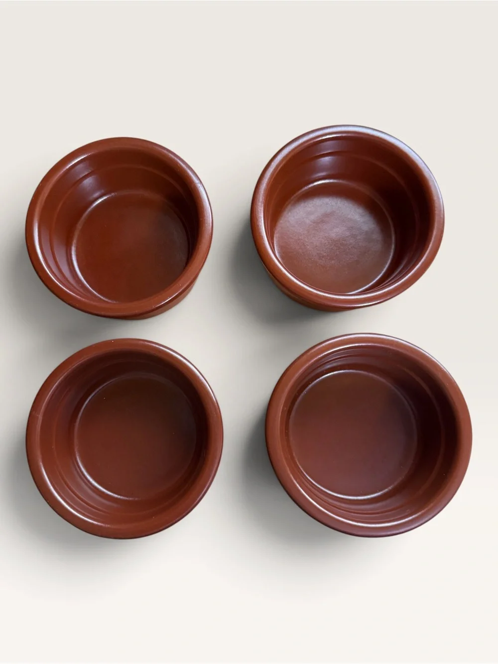 Wooden Four-Bowl Condiment Caddy Featuring Brown Ceramic Insert Dishes
